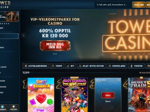 Forsiden til TowerCasino med et lysende neonskilt i banneret, rød knapp og toppspill som Sweet Bonanza og Money Train 5.