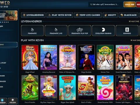 Live casino-siden hos TowerCasino med leverandørknapper og bordspill som Mega Wheel, Amazing Baccarat og Mega Roulette.