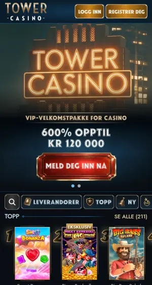 Mobilforsiden til TowerCasino med lysende neonskilt, rød meld deg inn-knapp og toppspill som Sweet Bonanza og Big Bass Splash.