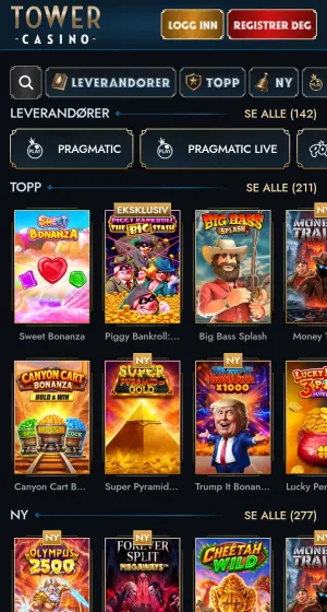 Spillsiden hos TowerCasino på mobil med leverandører øverst og spillfliser som Sweet Bonanza, Big Bass Splash og Cheetah Wild.
