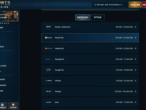 Innskuddsfanen hos TowerCasino med en liste over betalingsmetoder som Revolut, MasterCard, Paysafecard og Google Pay.