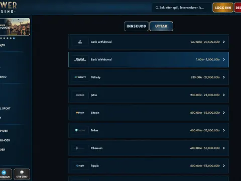 Uttaksfanen hos TowerCasino med en liste over bankoverføring, MiFinity, Jeton og kryptovalutaer som Bitcoin og Ethereum.